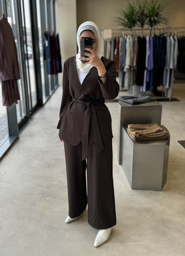 Lapelless Belted Blazer Pants 2 PC Set