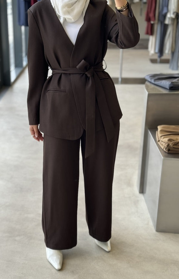 Lapelless Belted Blazer Pants 2 PC Set