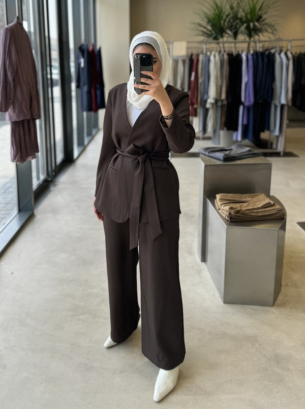 Lapelless Belted Blazer Pants 2 PC Set
