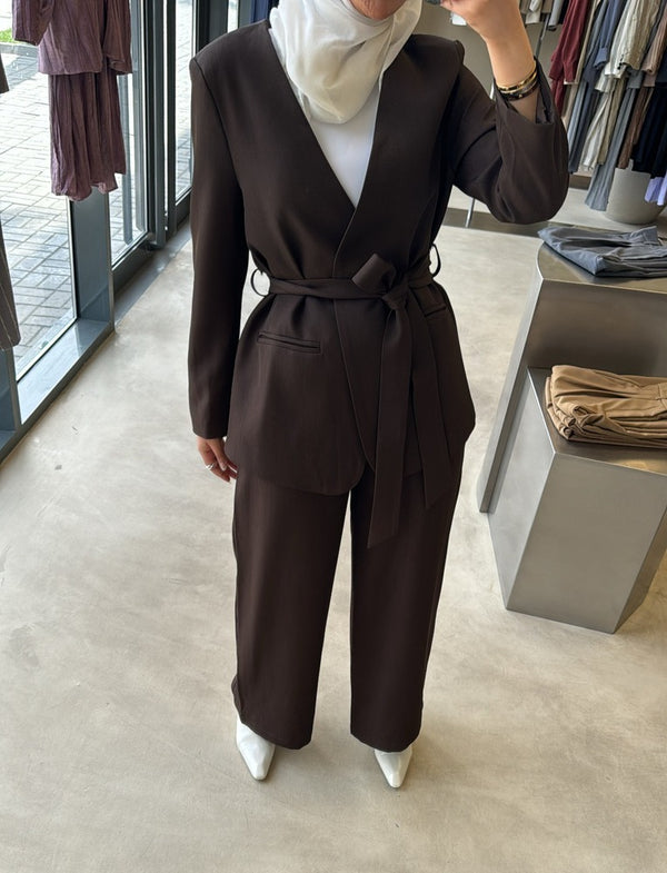 Lapelless Belted Blazer Pants 2 PC Set