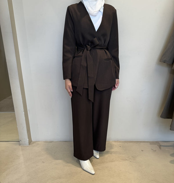 Lapelless Belted Blazer Pants 2 PC Set