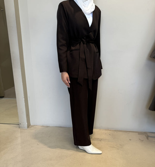Lapelless Belted Blazer Pants 2 PC Set