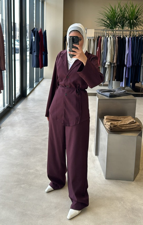 Belted Shirt Pleated Pants Set