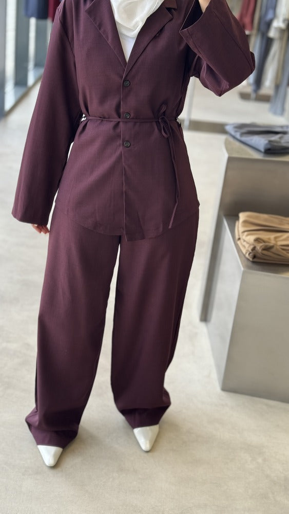 Belted Shirt Pleated Pants Set