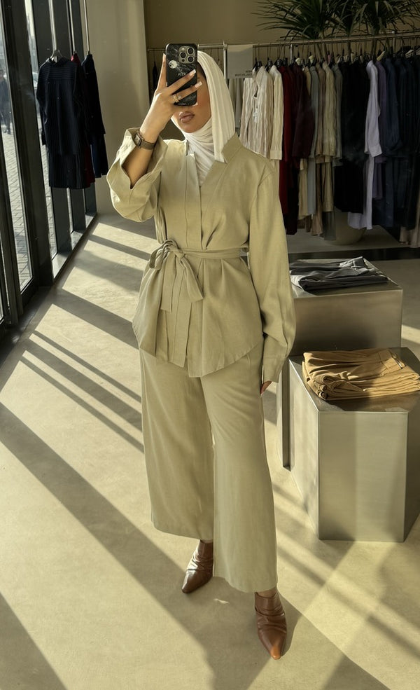 Belted Collarless 2PC Set