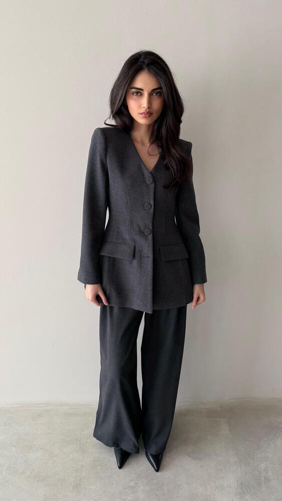 V-neck Matching Fabric Button Woolen Blazer