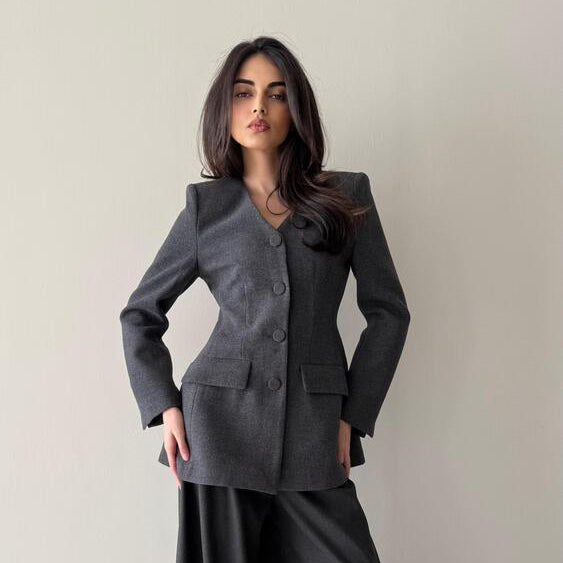 V-neck Matching Fabric Button Woolen Blazer