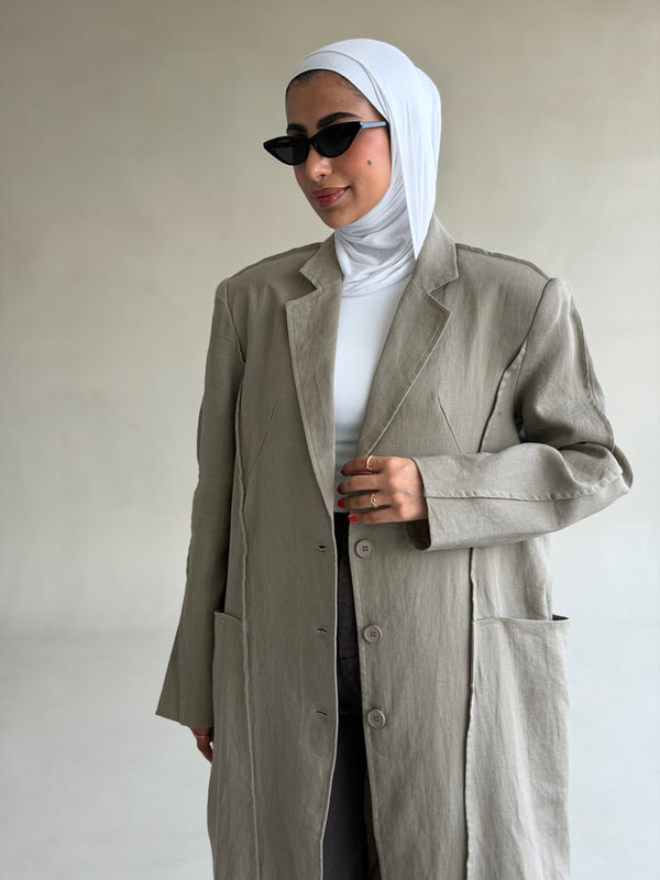 Panelled Linen Long Blazer