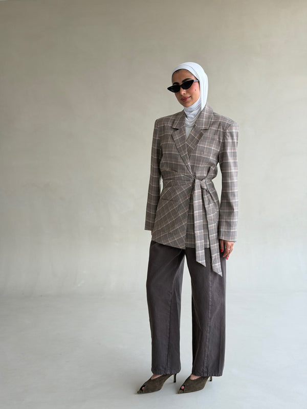 Checkered Side Belt Blazer