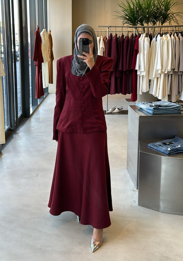 Buttoned Plum Blazer + A-line Skirt 2PC Set