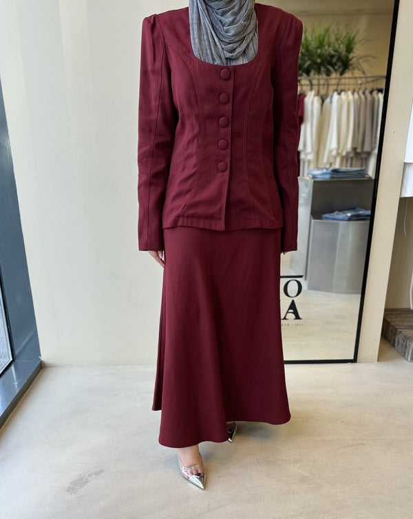 Buttoned Plum Blazer + A-line Skirt 2PC Set