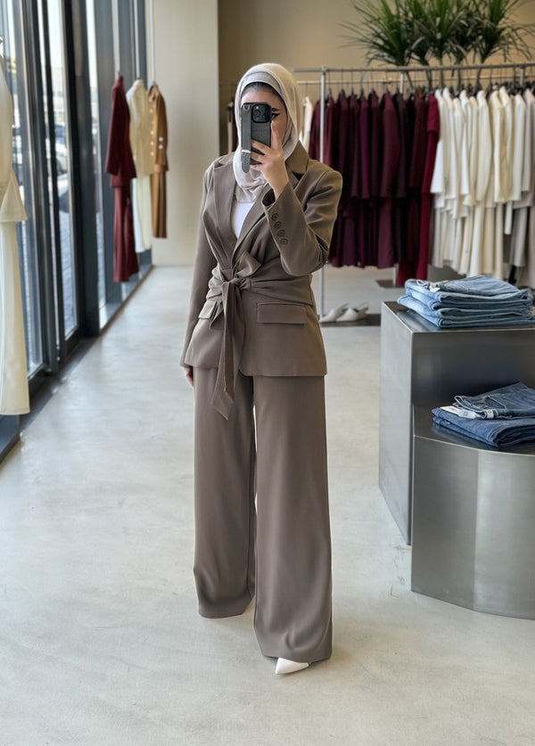 Wide Belt Blazer Pants Set
