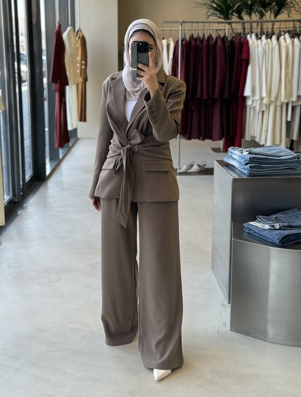 Wide Belt Blazer Pants Set