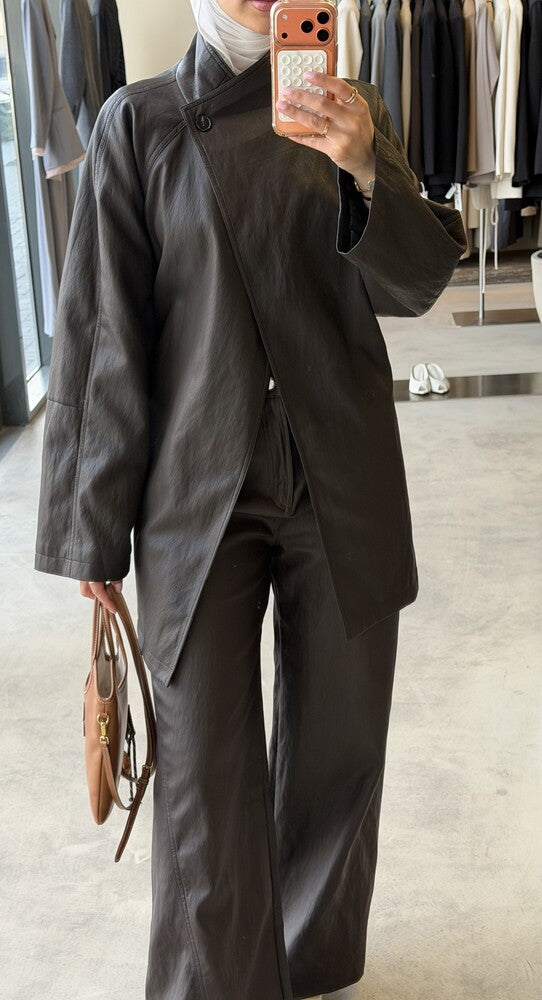 Belted Stand Collar  Leather Jacket