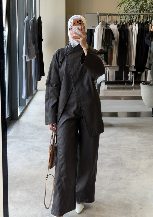 Belted Stand Collar  Leather Jacket