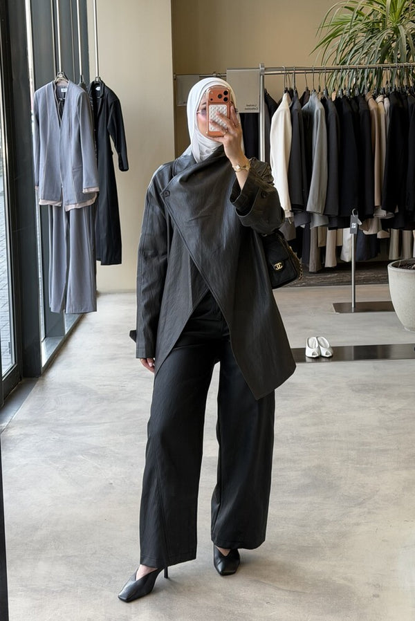 Huge Lapel  Leather Belted Jacket