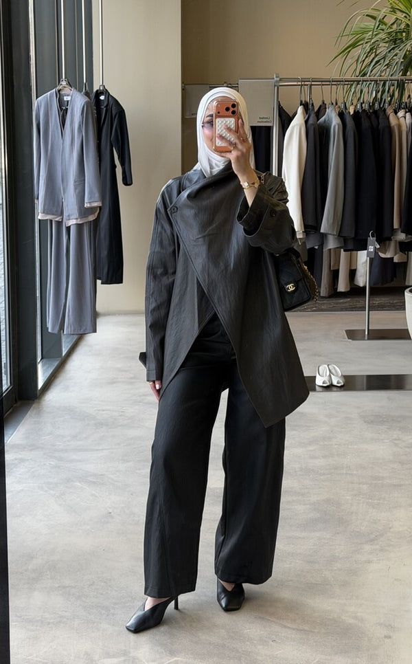 Huge Lapel  Leather Belted Jacket
