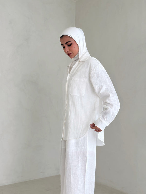 Ladies White Pocketed Top Linen Sets