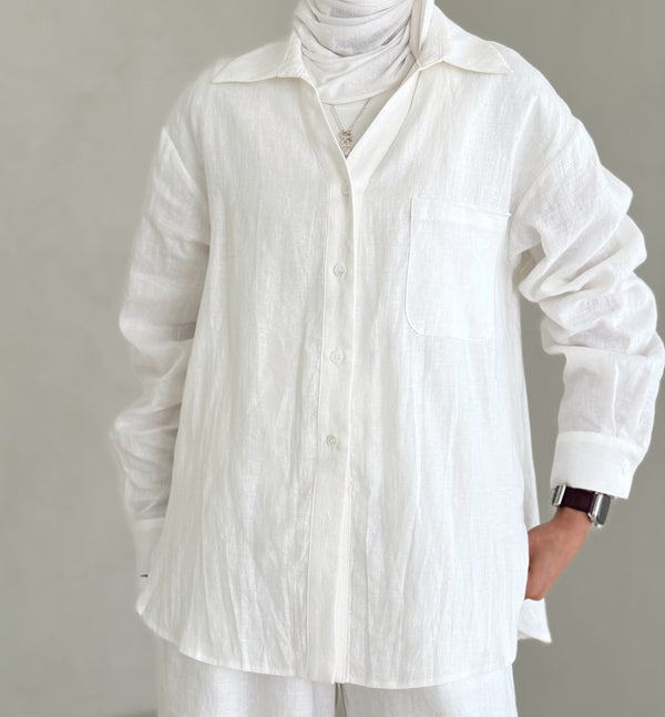 Ladies White Pocketed Top Linen Sets