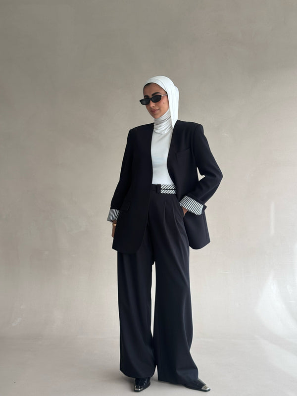 No-collar Striped Folded Waistband Suit