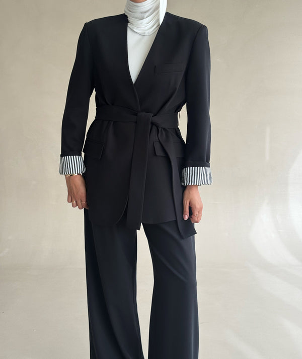 No-collar Striped Folded Waistband Suit