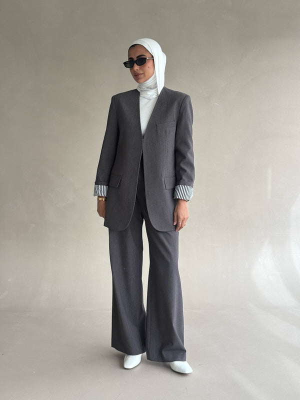 No-collar Striped Folded Waistband Suit