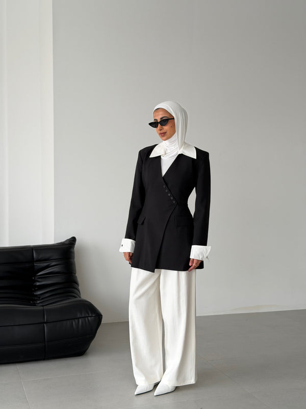Asymmetric Contrast  Drawstring Blazer
