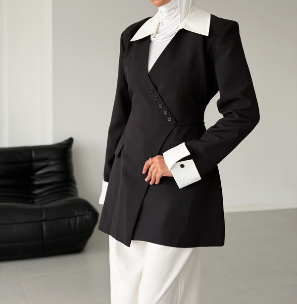 Asymmetric Contrast  Drawstring Blazer