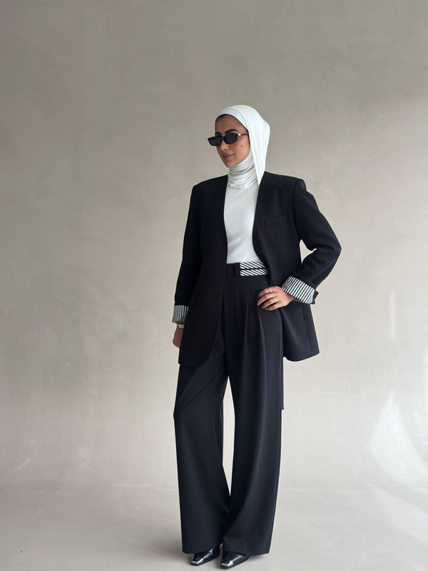 No-collar Striped Folded Waistband Suit
