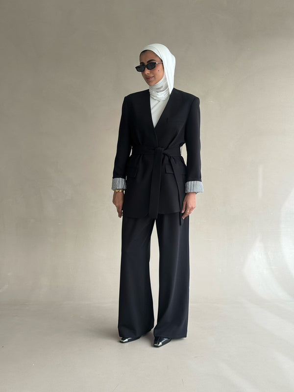 No-collar Striped Folded Waistband Suit