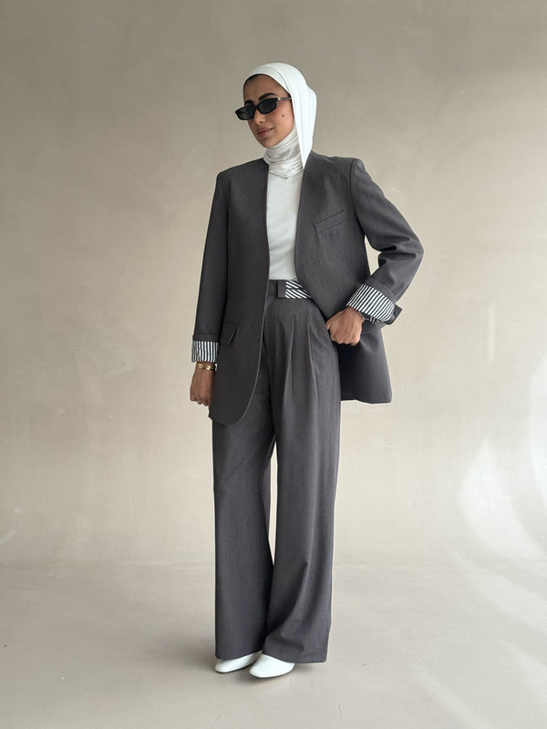 No-collar Striped Folded Waistband Suit