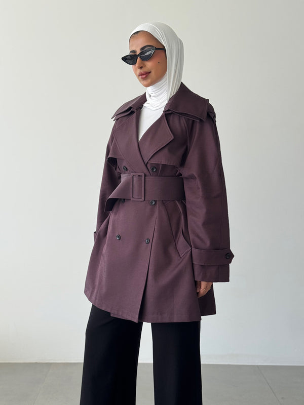 Short Solid Belted Loose Trench Coat