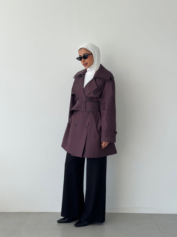Short Solid Belted Loose Trench Coat