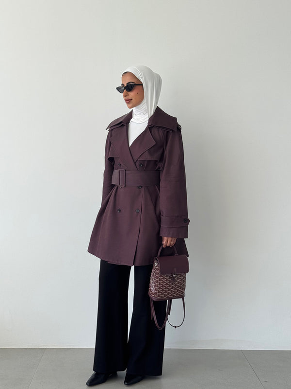 Short Solid Belted Loose Trench Coat