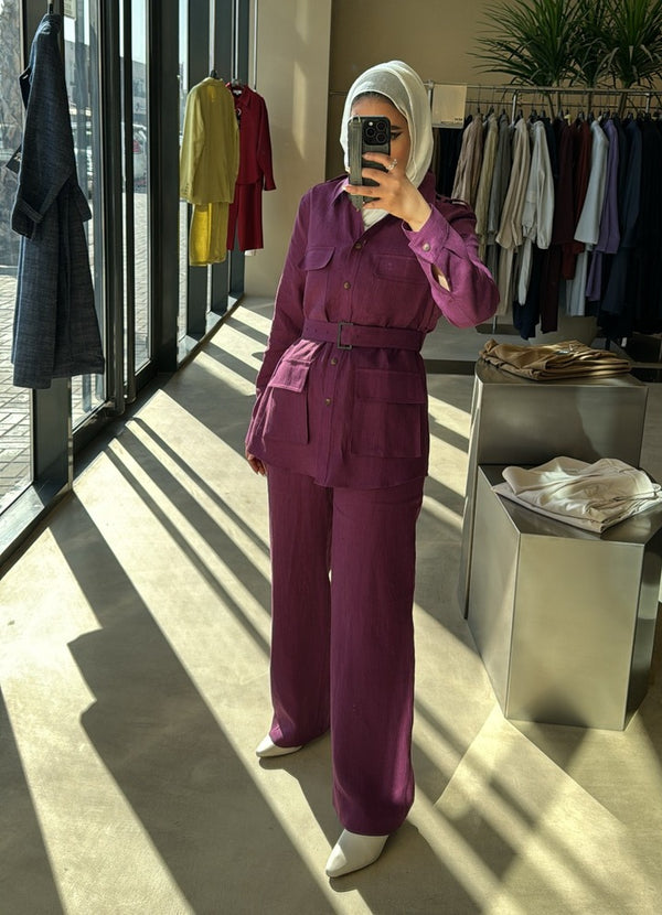 4 Pockets Belted Top w/ Pants Set
