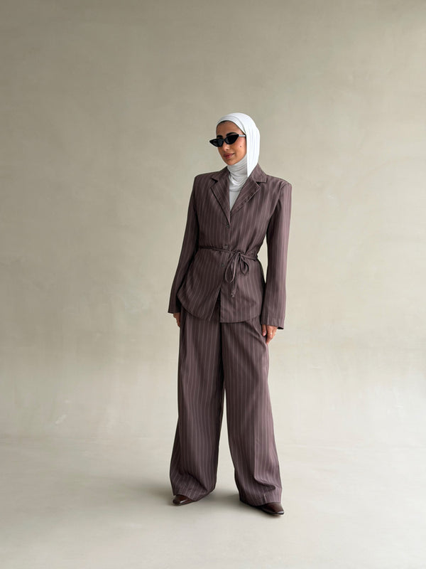 Belted Pinstripe Power Suit