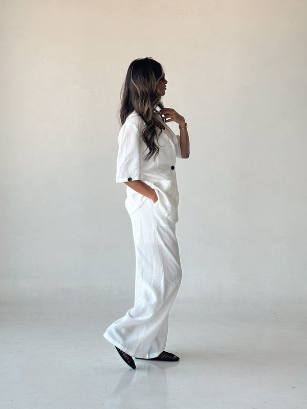 V-neck Short Sleeve Cotton Linen Suit 2PC Set