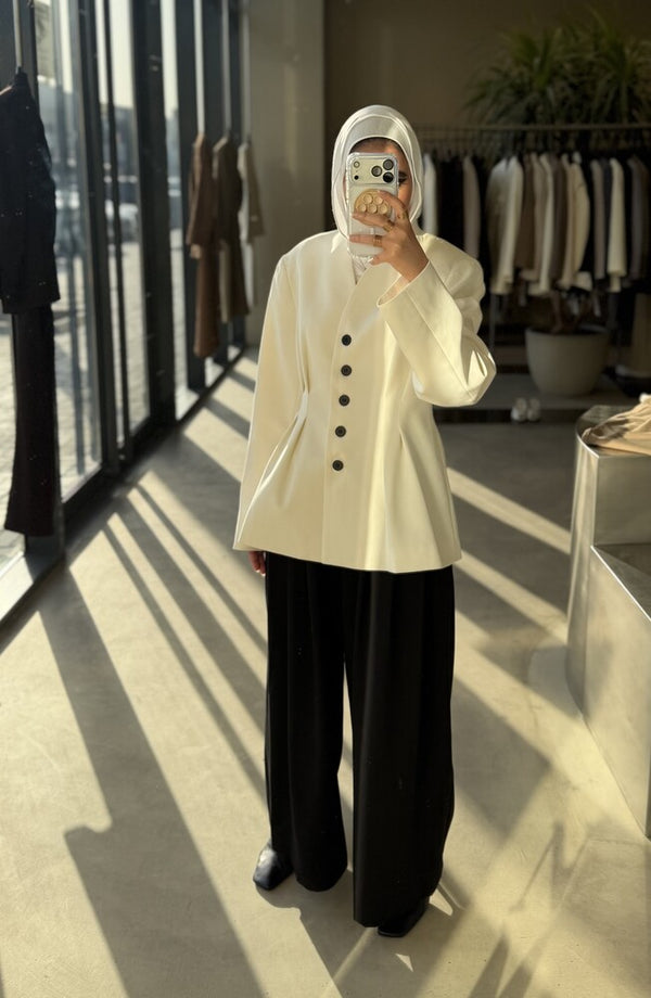 5-Black Button Waist Pleated Blazer