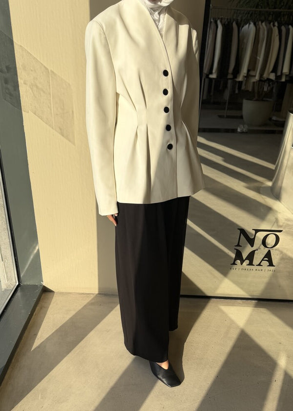 5-Black Button Waist Pleated Blazer