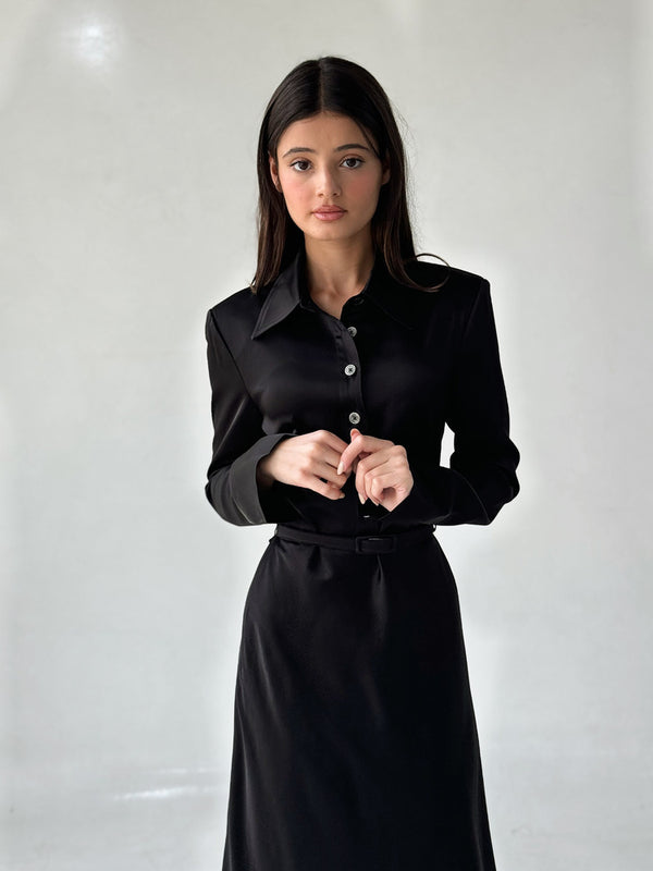 Collared Long Sleeve Satin Dressمجموعة نوما ستوديو