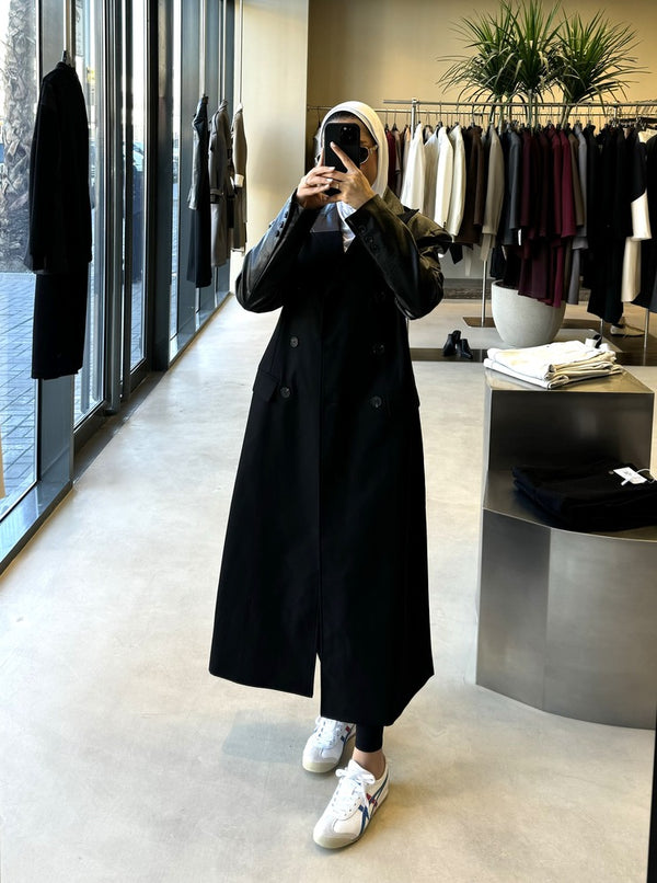 Black PU Leather Sleeve Long Blazer