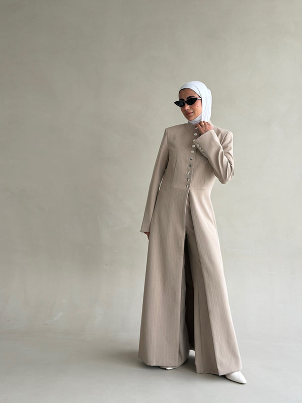 Pinstripe  Silver Button Long Blazer