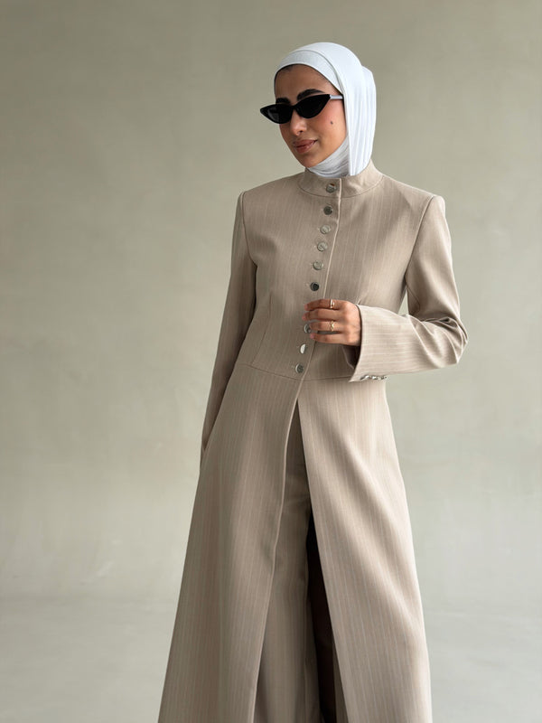 Pinstripe  Silver Button Long Blazer