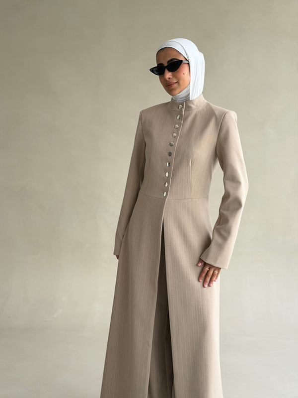 Pinstripe  Silver Button Long Blazer