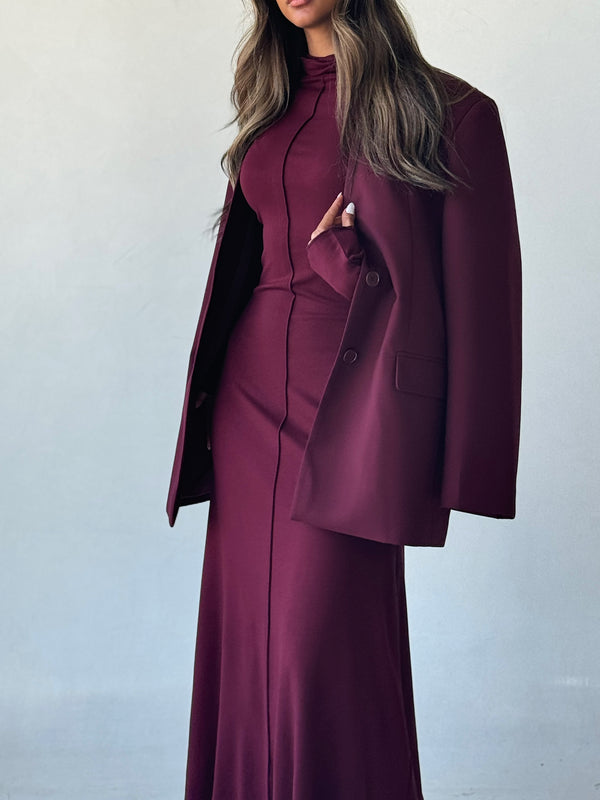 Turtleneck A-line Long Dress + Blazer Set