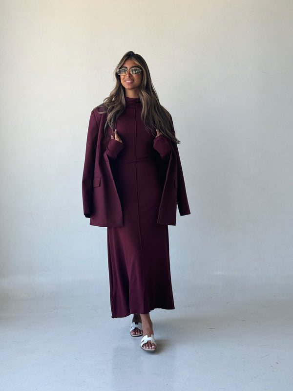 Turtleneck A-line Long Dress + Blazer Set