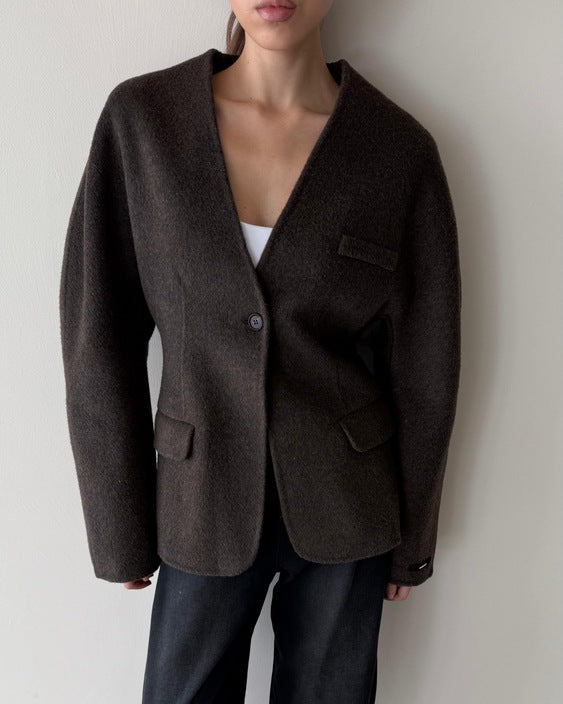 Woolen One-button Blazer Vneck
