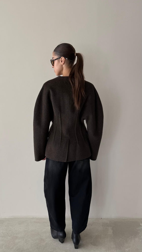 Woolen One-button Blazer Vneck