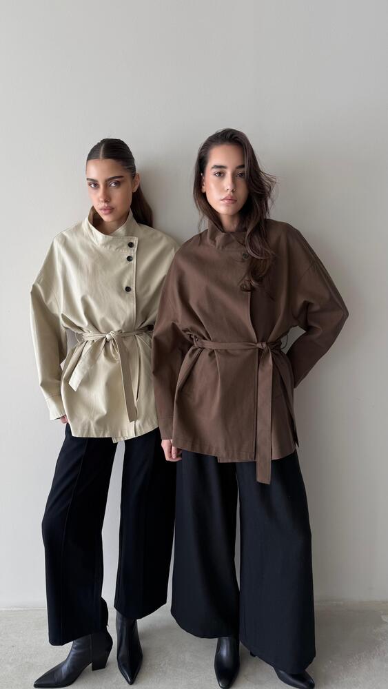 Mandarin Collar Belted Jacket