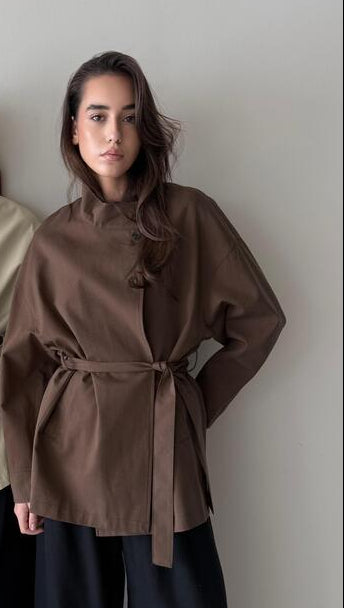 Mandarin Collar Belted Jacket